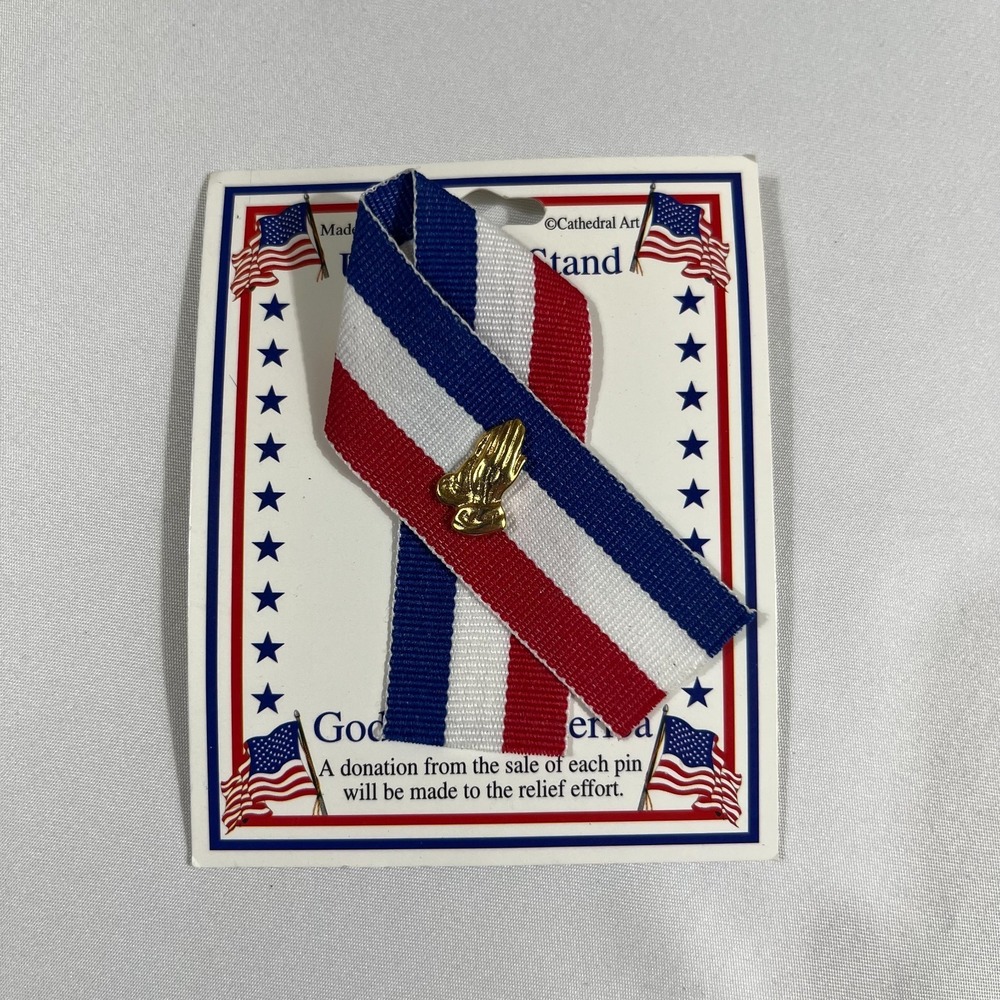 Cathedral Art USA Flag Ribbon Praying Hands Lapel Pin God Bless America Vintage